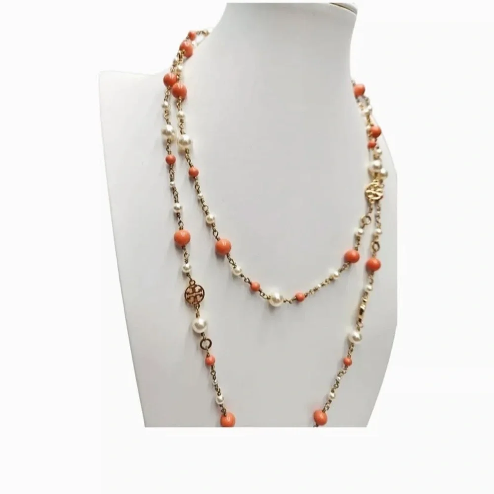 Tory Burch Faux Pearl & Resin Evie Logo good orange Convertible  Necklace $258